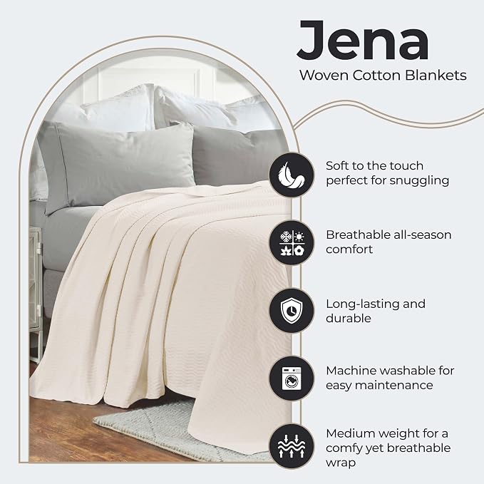 Superior JENA Cotton Blanket, for Picnic, Beach, Traveling or Camping, Bedroom Decor, Essentials, Cover for Bed, Couch, Lounging, Textured Jacquard, Modern Chevron Woven Blanket, King, Ivory