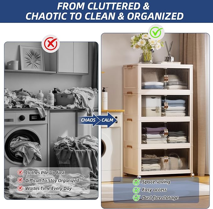 SAILUN 116Gal/464Qt Stackable Storage Bins Folding Collapsible Storage Bins with a Lid, Closet Organizers and Storage,Blush White 26" W x 17" D x 56.7" H