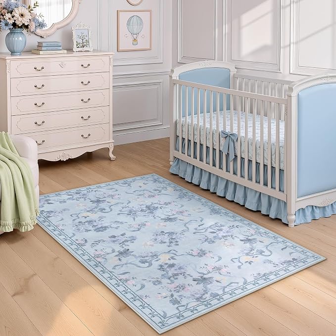 Tribesigns Bow Floral Blue 3x5 Washable Area Rugs for Living Room Entryway | Machine Washable, Non-Slip Backing with 4 Rug Tape, Soft Low Pile, for Coquette Nursery Kids Playroom Dorm Bedroom Decor