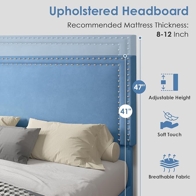 VECELO Queen Size Platform Bed Frame with Height Adjustable Upholstered Headboard, Modern Mattress Foundation,Strong Wood Slat Support, No Box Spring Needed, Easy Assembly,Light Blue