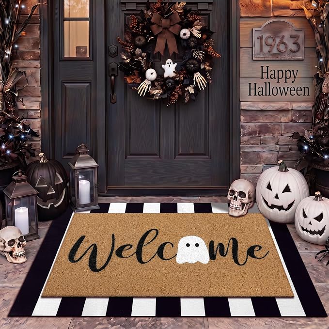 Tinideya 2 Pcs Halloween Welcome Mats for Front Door, Ghost Welcome Mat with Black White Buffalo Plaid Rug, Layered Doormat Set for Front Porch Entryway Outdoor Fall Decor