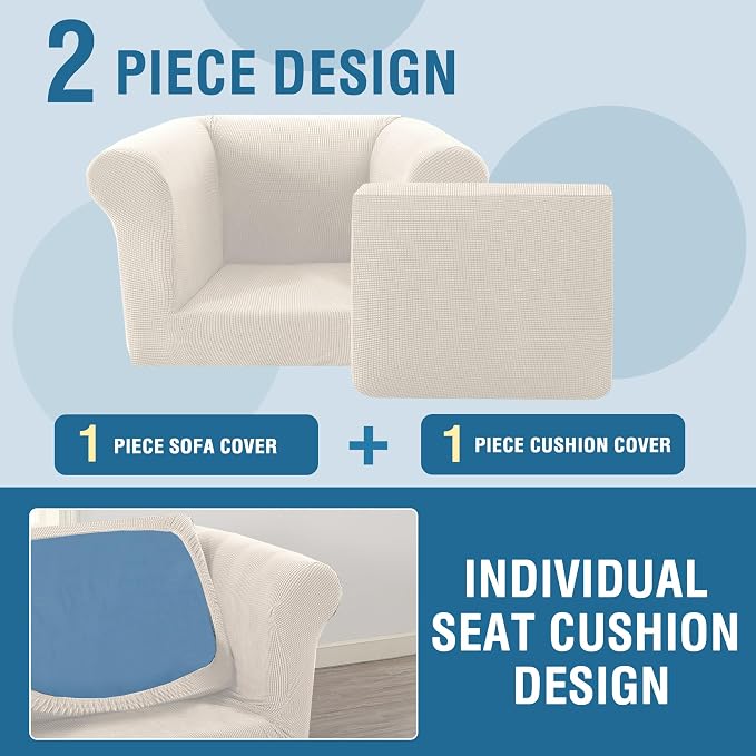 H.VERSAILTEX 2 Pieces Chesterfield Chair Slip Covers with Arms Stretch Mid Century Deep Seat Couch Cover Fit Width Up to 47 Inch, Thicker Jacquard Fabric (Small Sofa, Ivory)