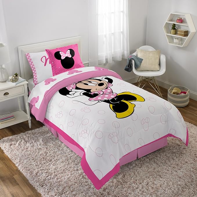 Disney Minnie Mouse Twin Comforter Set 5 Piece Kids Cartoon Bedding, White | Bed in a Bag, Comforter Sheets Sham Pillowcase, Official Brand, Soft Microfiber, Machine Washable, Easy Care, Girls Gift