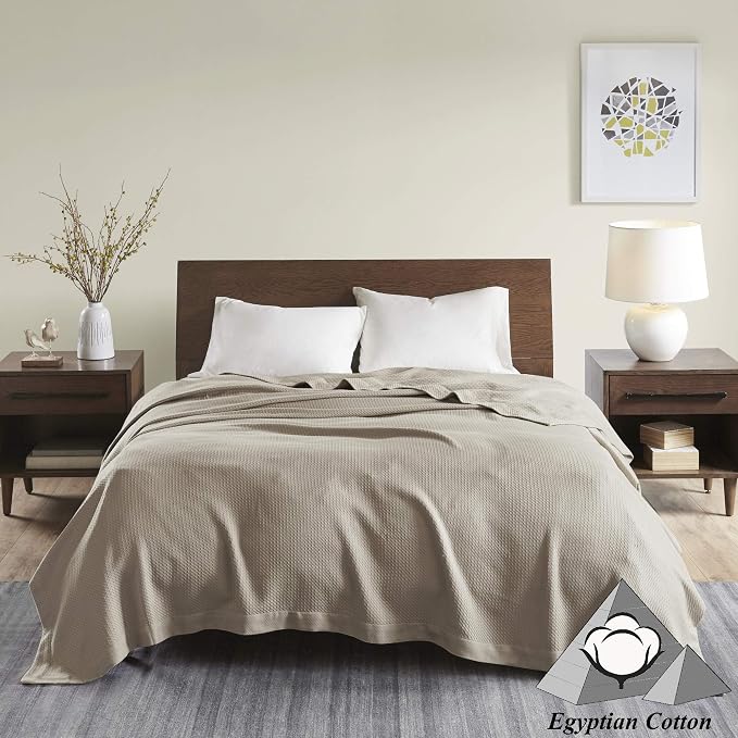 Madison Park 100% Egyptian Cotton Twin Size Bed Blanket for Summer Khaki | Cozy Soft Breathable Durable, Waffle Weave Woven Casual, Lightweight Knit All Season Throw for Bed Couch or Sofa, OEKO TEX
