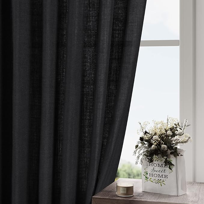Black Linen Curtains 144 inch Extra Long for Living Room Back Tab Light Filtering Semi Sheer Drapes Modern Farmhouse Muslin Look Decor Cotton Textured Curtain for Floor to Ceiling Window 12 FT