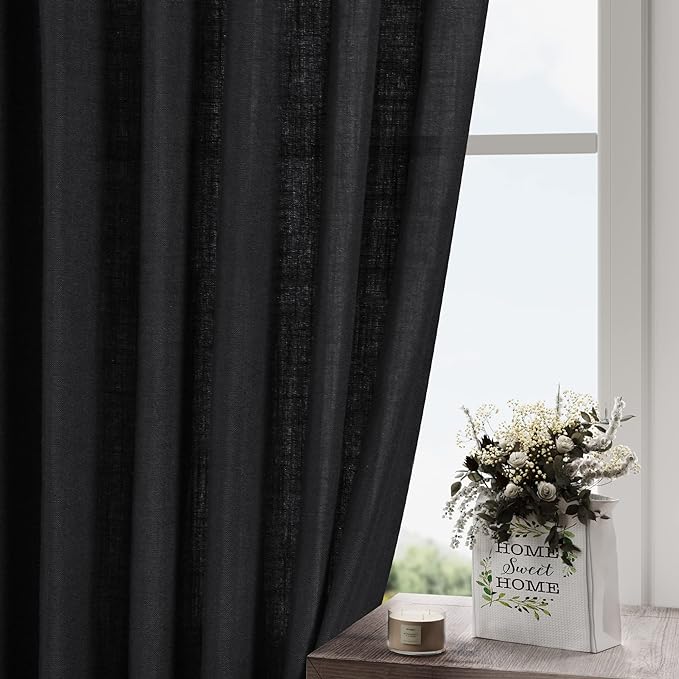 Black Linen Curtains 80 inches Long for Bedroom Back Tab Light Filtering Privacy Sheer Curtains Modern Farmhouse Coastal Decor Cotton Textured Gauze Curtain 2 Panel Set 38x80 for Living Room