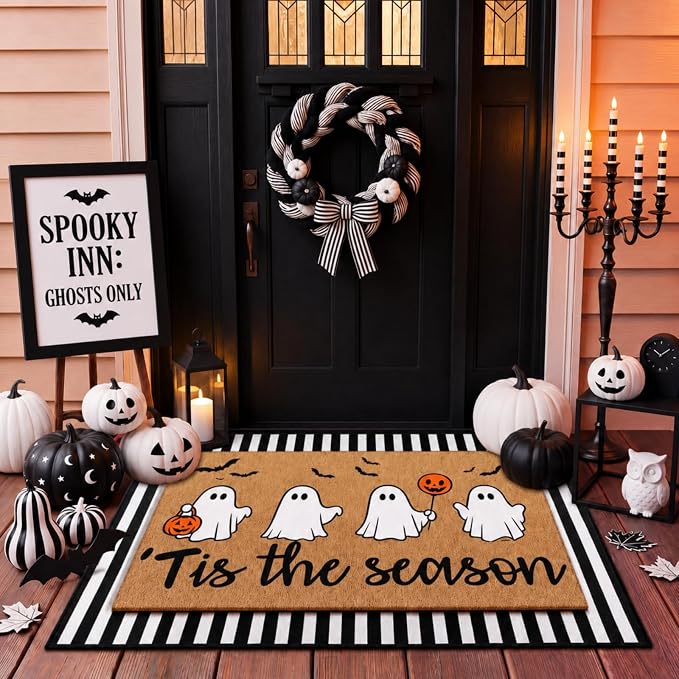 Tinideya 2 Pcs Halloween Layered Doormat Set, Cute Ghost Coir Doormat and Black White Striped Rug, Non Slip Fall Porch Decor for Entryway Patio Outdoor Decor