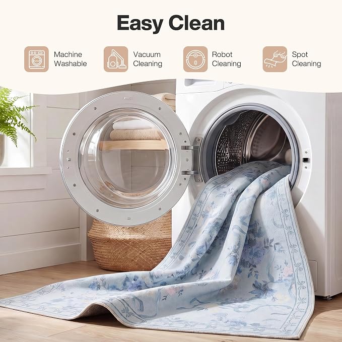 Tribesigns Bow Floral Blue 3x5 Washable Area Rugs for Living Room Entryway | Machine Washable, Non-Slip Backing with 4 Rug Tape, Soft Low Pile, for Coquette Nursery Kids Playroom Dorm Bedroom Decor
