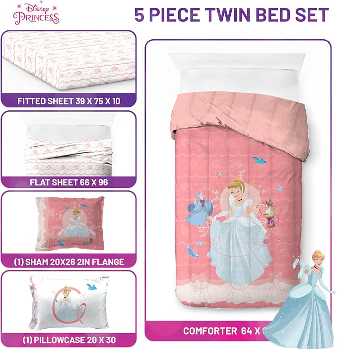 Disney Princess Cinderella Twin Comforter Set 5 Piece Kids Bedding, Pink | Bed in a Bag, Comforter Sheets Sham Pillowcase, Official Brand, Soft Microfiber, Machine Washable, Easy Care, Girls Gift