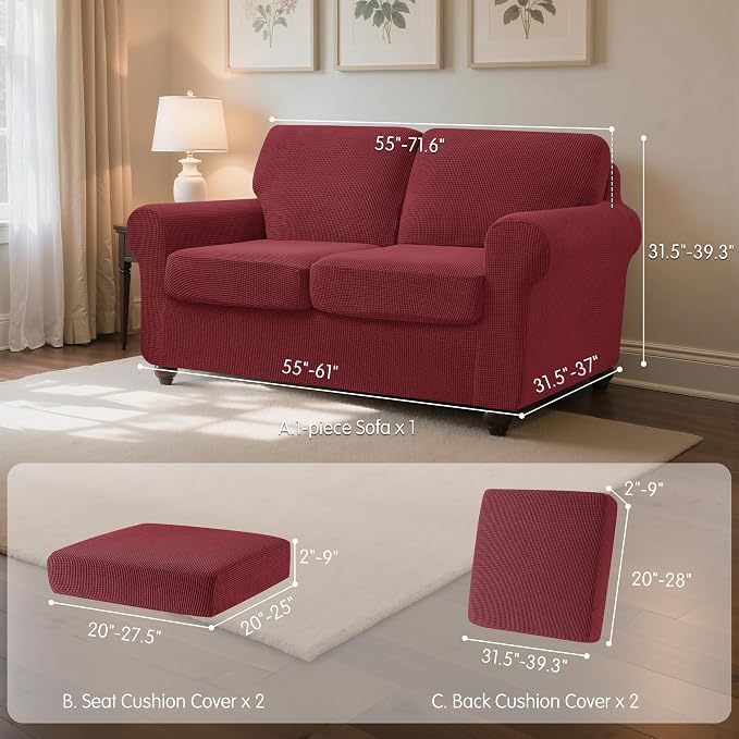 SUBRTEX 5 Pieces Stretch Sofa Slipcover Sets Couch Cover Sets Backrest Cushion Covers Furniture Protector Collection Set for Oversize Sofa Loveseat Chair Slip Covers(Medium, Wine)