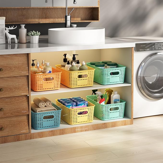 ORGIDOL Colorful Plastic Storage Baskets Bins for Home Organizing, 12 Pack | Space-Saving Storage Container with Handles, Multi-Purpose Storage Box, for Cabinet, Shelve, Countertop, Closet, Classroom