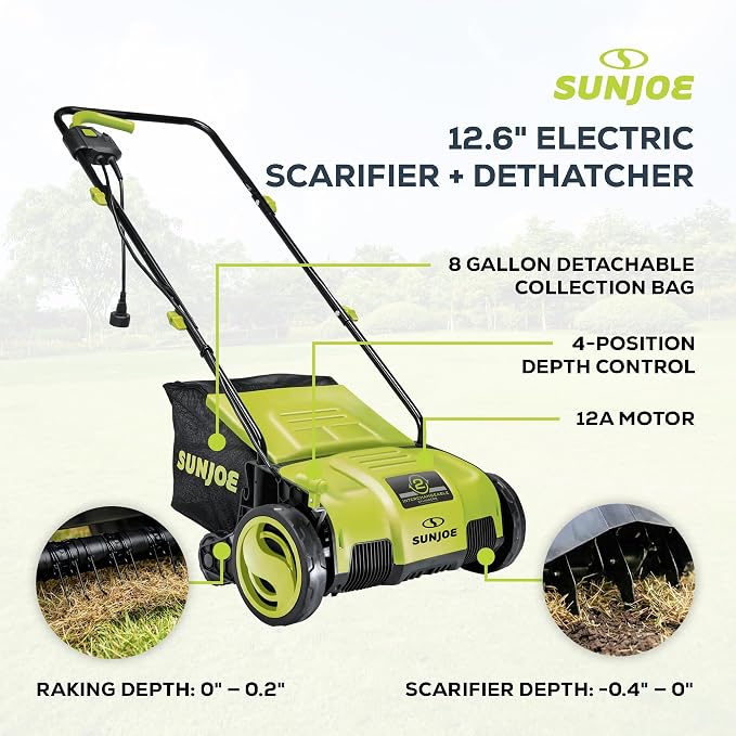 Sun Joe Corded Electric Lawn Dethatcher and Scarifier, 12-Amp, 12.6-Inch Cutting Width - Heavy-Duty Yard Trimmer and Mower Machine for Gardening Care and Maintenance, AJ798E