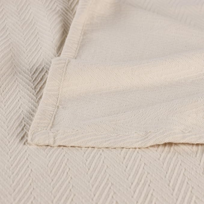 Superior Metro All-Season Cotton Blanket, Woven Blanket for Couch, Bed, Bedding, Farmhouse, Home Essentials, Cute and Cozy Bohemian Blankets, Herringbone Weave, Twin Size, Ivory