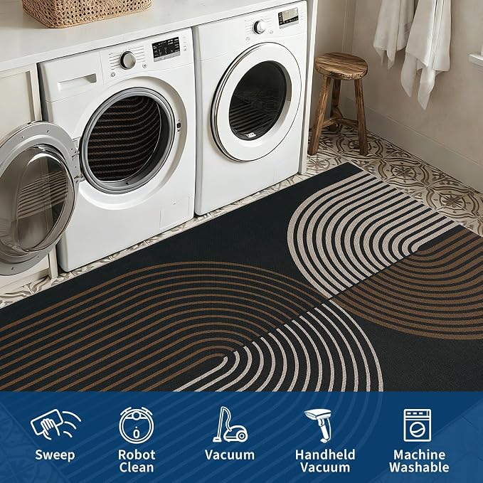 COZYLOOM 5x7 Striped Rainbow Outdoor Rug, Washable Easy Jute Rug for Living Room, Stain Resistant Non Shedding Neutral Area Rugs with Non Slip Backing for Bedroom, Entryway, Patio, Black Brown