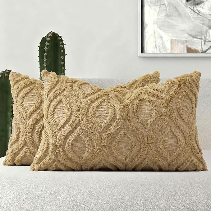 decorUhome Throw Pillow Covers 12x20 Inch Set of 2, Soft Plush Faux Wool Khaki Solid Couch Pillow Covers, Accent Farmhouse Neutral Rectangle Pillow Cases for Sofa Bed Living Room