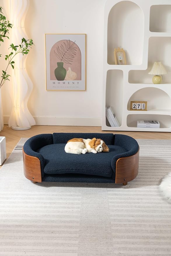Scandinavian Style Elevated Dog Bed Pet Sofa with Solid Wood Legs and Bent Wood Back, Velvet Cushion, Large Size, Walnut Frame & Dark Blue Cushion