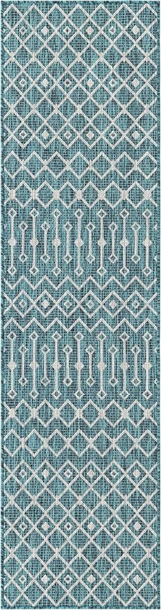 Unique Loom Outdoor Trellis Collection Area Rug - Tribal Trellis (2' x 8' Runner, Teal/ Ivory)