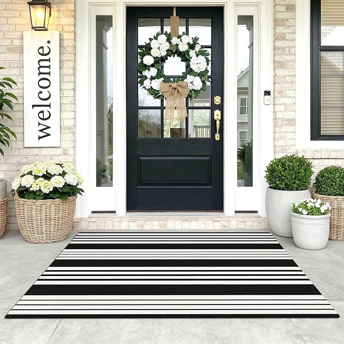 KOZYFLY Striped Rug 3x5 Front Door Rugs Black White Cotton Woven Washable Indoor Outdoor Rug Entrance Doormat for Front Porch Kitchen Patio Decor Outdoor Mat