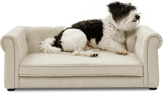 38.9" Upholstery Elevated Dog Sofa with Button‑Tufted Backrest & Rolled Armrests, Pet Couch Bed with Removable Soft Cushion, Comfy Modern Deep Seat Raised Dog Bed for Living Room, Bedroom, Beige