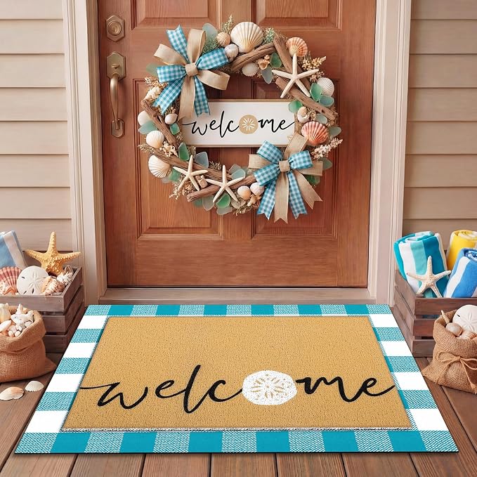 Tinideya 2 Pcs Summer Layering Door Mat, Ocean Seashells Welcome Coir Mats with Non Slip Rug for Front Porch Entryway Decor
