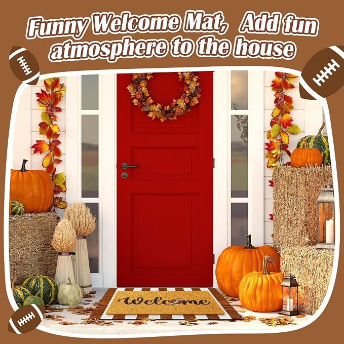 Geelin 2 Pcs Fall Front Door Mat Welcome Mat Outdoor Decorative Doormat Non Slip Buffalo Checkered Rug for Indoor Outdoor(Welcome Football)