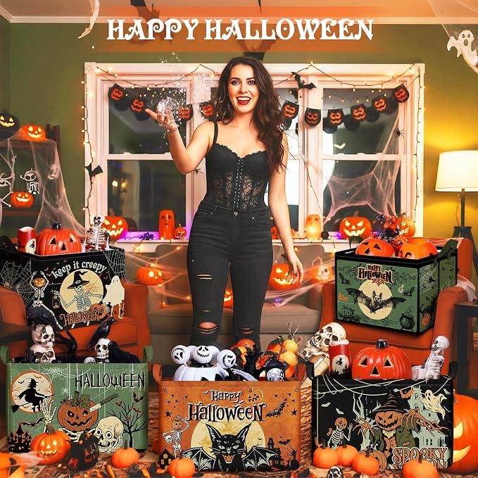 Bucherry 6 Pack Vintage Halloween Storage Basket Spooky Gifts Canvas Bins | Collapsible with Handles, Skull Bat Ghost Pumpkin Witch Designs, Gift Basket, Canvas Organizer for Home Office Closet Shelf