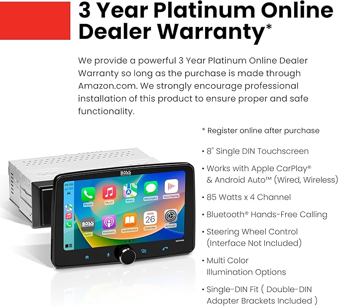 BOSS Audio Systems BCPA8 CarPlay Android Car Stereo, 8 Inch Touchscreen