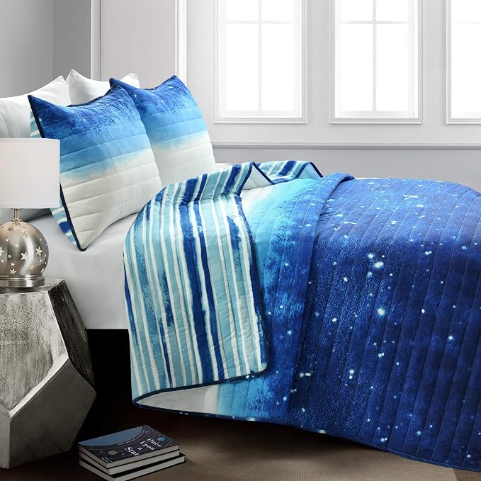 Lush Decor Space Star Ombre Quilt 3 Piece Set, Full/ Queen, Navy & White - Toddler Galaxy Reversible Watercolor Stripe Print for Kids Room