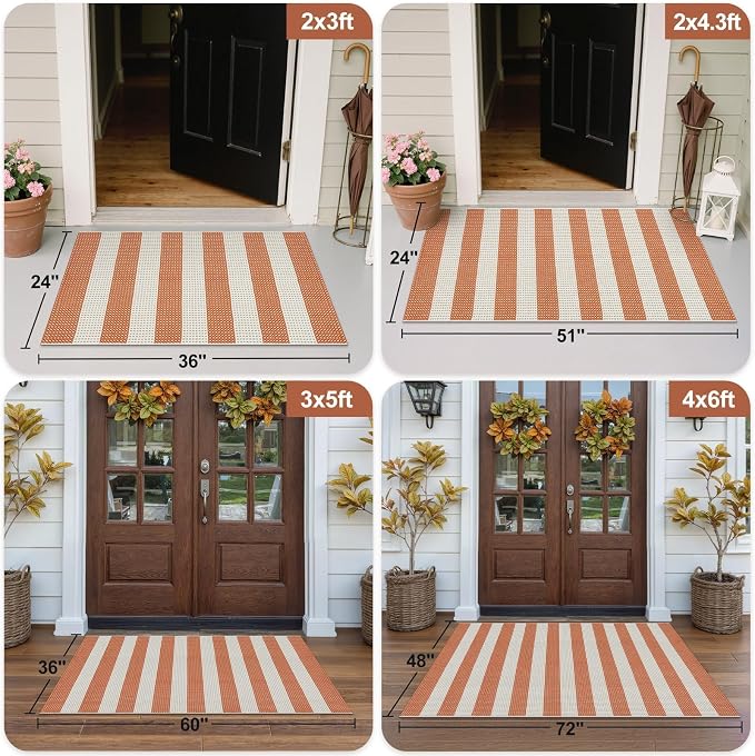 OJIA Front Door Rug 24"x51" Outdoor Door Mat Striped Porch Rug Fall Decor | Washable Front Door Mat Outside Entrance Small Area Rug Cotton Woven Carpet for Porch Kitchen Entryway Patio Orange/White
