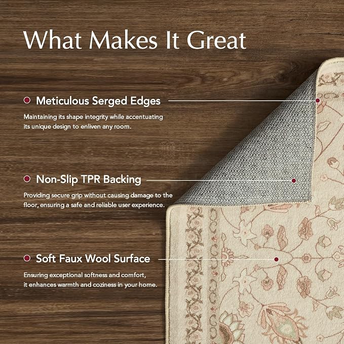 EVERGRACE Hallyway Area Runner Rugs 2x10, Boho Floral Faux Wool Indoor Outdoor Rugs, Washable Rugs for Bedroom Dining Room Living Room Kitchen, Low Pile Floor Mat Carpet for Home Decor, Natural Beige