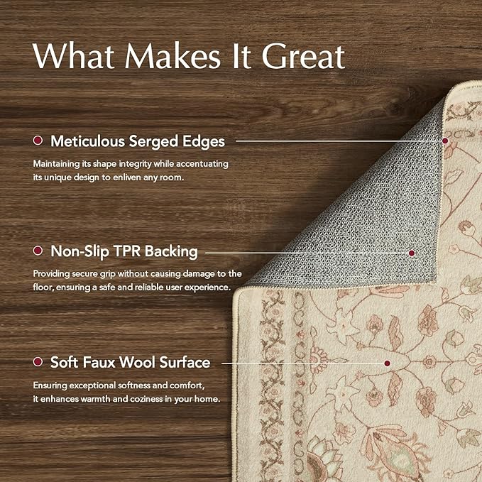 EVERGRACE Hallyway Area Runner Rugs 2x6, Boho Floral Faux Wool Indoor Outdoor Rugs, Washable Rugs for Bedroom Bathroom Living Room Kitchen, Low Pile Floor Mat Carpet for Home Decor, Natural Beige