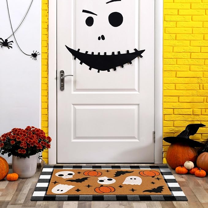 Tinideya 2 Pcs Halloween Door Mat Ghost Skull Pumpkin Bat Welcome Non Slip Coir Mats Fall Floor Layering Doormats for Front Porch Entryway Decor(Cute Ghost)