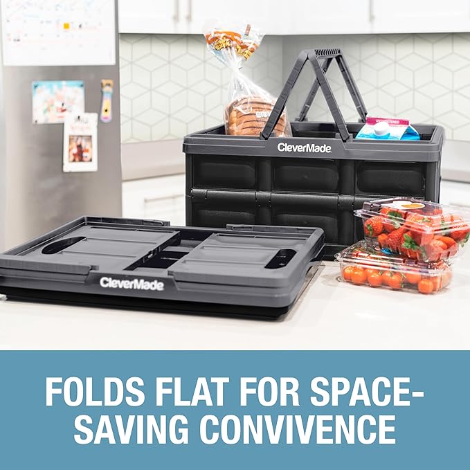 CleverMade Collapsible Shopping Basket, 32L, Recycled Plastic, Stone | Rigid walls support up to 35 lb, while top and side handles balance heavier grocery, laundry, or gear loads.