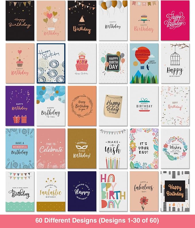 Dessie 60 Unique Birthday Cards Assortment 5x7 with Generic Birthday Greetings Inside. Suitable For Men, Women and Kids. Send As Is Or Personalize. Includes Envelopes and Gold Stickers
