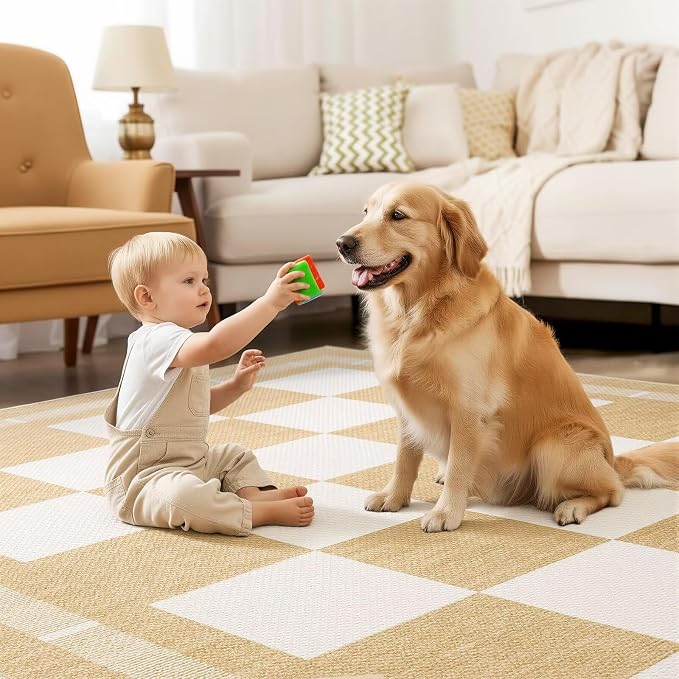 Vasofe Checkered Jute Rugs, 5x7 Outdoor Rug, Washable Rugs for Living Room | Bedroom Indoor Carpet, Non Slip Modern Farmhouse Geometric Area Rugs, Office Backyard Dining Room Mat, Khaki and White