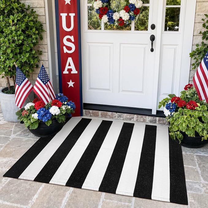 Collive Black and White Outdoor Striped Rug 27.5"x 43", Washable Layered Door Mats Outdoor,Farmhouse Front Porch Rug Decor,Cotton Woven Entryway Rugs for Welcome Mat Kitchen