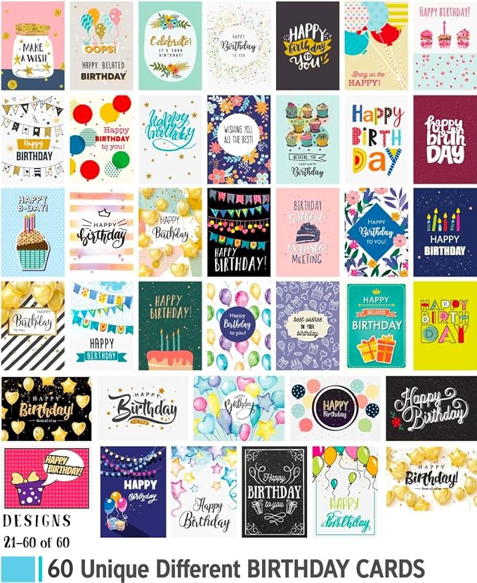 Office Birthday Cards for Employees & Coworkers 5x7 – Happy Birthday Cards Assortment, Bulk Birthday Cards with Envelopes, Professional Greeting Messages Inside, 60-Count Box Variety