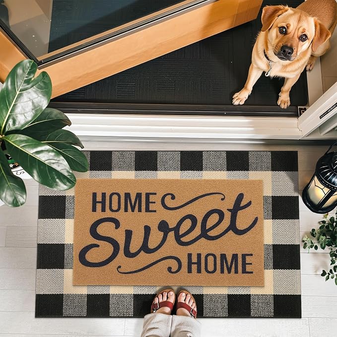 OLANLY Buffalo Plaid Rug 2' x 4'3" | Brown and Black Cotton Checkered Doormat, Washable Indoor Outdoor Rug for Layered Front Porch, Kitchen, Entryway Decor