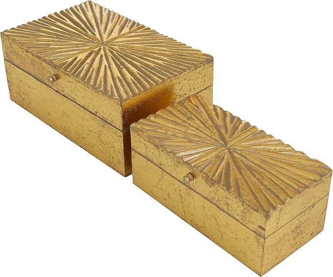 CosmoLiving by Cosmopolitan Wood Geometric Decorative Box Decorative Keepsake Boxes with Hinged Lid, Set of 2 Storage Boxes 10", 8"W, Gold
