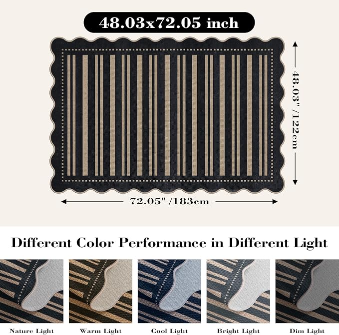 Striped Easy Jute 4x6 Outdoor Patio Rug, Washable Indoor Outdoor Black Kitchen Rugs Farmhouse Neutral Non Slip Area Rug for Living Room Backyard Bedroom