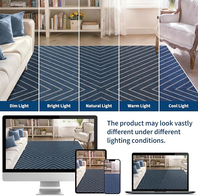 Garvee Easy Jute 4x6 Rug for Patio, Washable Non-Slip Striped Navy Indoor Outdoor Carpet,Boho Farmhouse Area Rug Low Pile Non Shedding Throw Mat for Front Porch Kitchen Bedroom Foyer 4'x6'