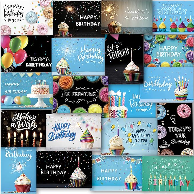 160 Happy Birthday Cards with Envelopes, Birthday Cards Bulk with Short Generic Message Inside, 20 Unique Designs, 4x6 inches, Birthday Cards Assortment for Business and Personal