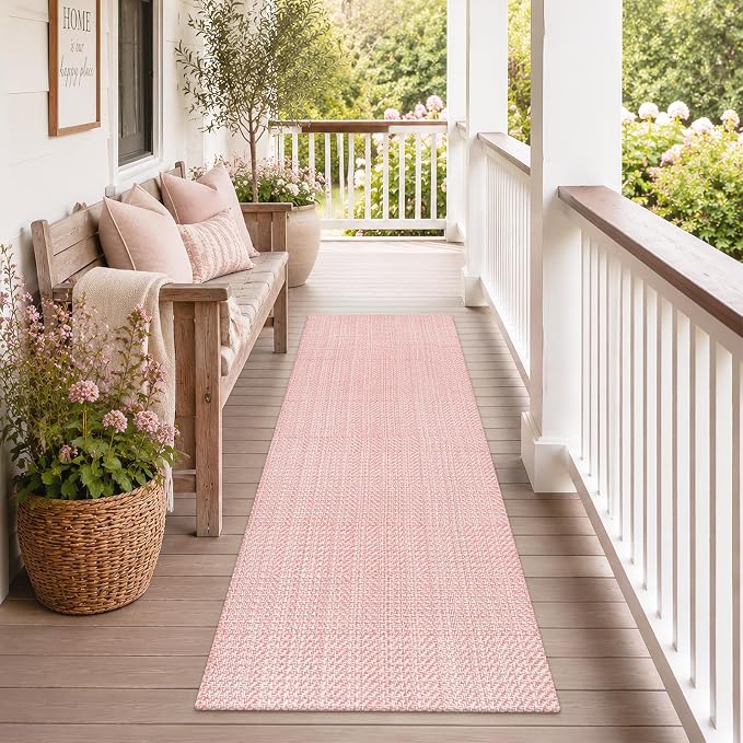 Rugalia Washable Woven Indoor Outdoor Runner Rug 2x6, Pink Cotton Rug Runners for Hallway Non-Slip Long Kitchen Mat, Modern Natural Throw Runner Carpet for Entry Porch Laundry Patio