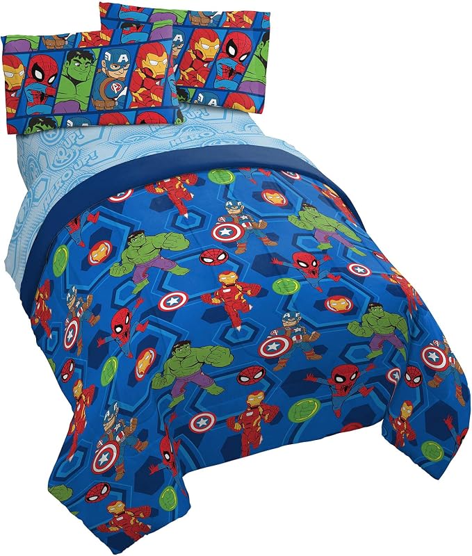 Marvel Avengers Twin Comforter Set 4 Piece Kids Bedding for Boys, Blue | Spiderman Superhero, Comforter Sheets Pillowcase, Official Product, Soft Microfiber, Machine Washable, Easy Care, Boys Gift