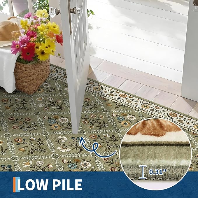 GarveeHome Floral Washable Entryway Rug Non-Slip 2x3 Front Door Mat Vintage Low-Pile Small Area Rugs Soft Non-Slip Indoor Stain Resistant Entry Mat for Entrance Bedroom Bathroom Green