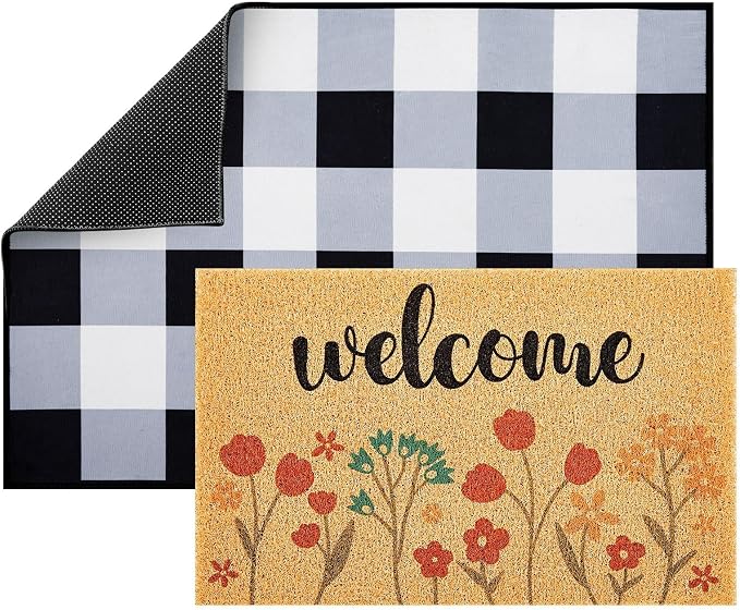 2 Pcs Spring Welcome Doormat Outdoor Entrance, Flower Non Slip Coir Mats, Black and White Check Doormat, Floral Spring Layering Door Mat for Home Indoor Porch Entry Decor 23.6 x 31.5 Inch
