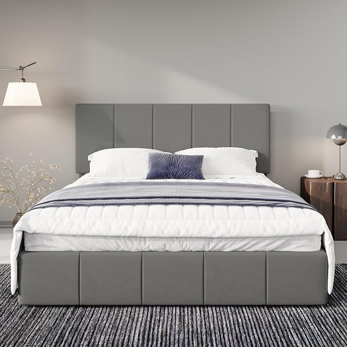 Allewie Queen Size Dutch Velvet Upholstered Platform Bed Frame/Vertical Channel Tufted Adjustable Headboard/Low Profile Bed Frame/No Box Spring Needed/Easy Assembly/Grey