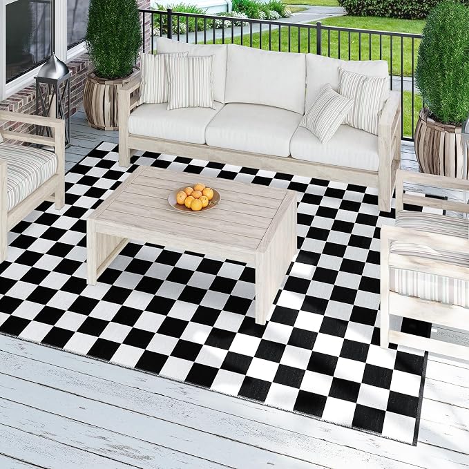 Seavish Checkered Rug 8x10 Black and White Area Rugs for Living Room | Large Low-Pile Bedroom Rugs Modern Cotton Woven Checkerboard Rug Washable Neutral Rug for Dining Room Nursery Office