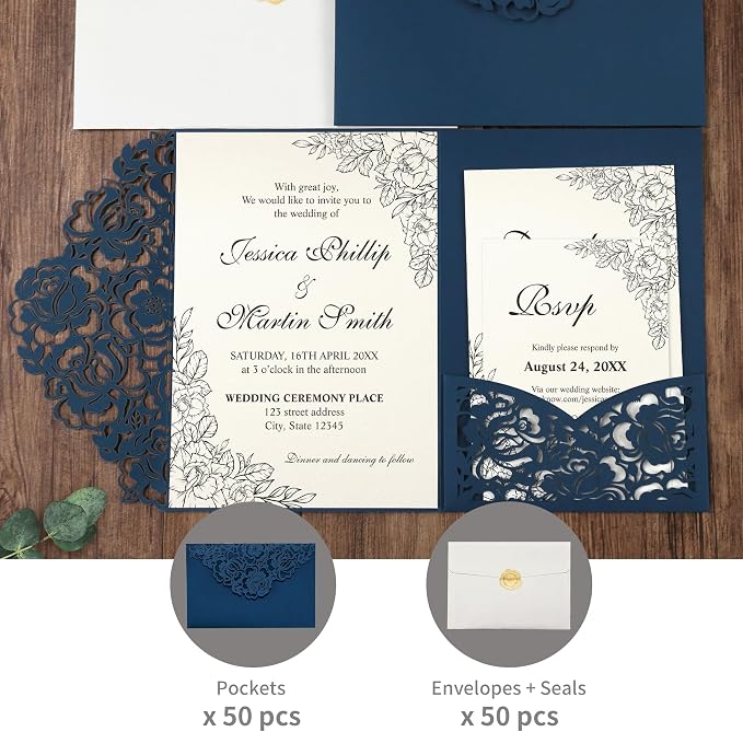 DORIS HOME Laser Cut Wedding Invitation Pockets, Blue, 5"x7" | 50pcs, With Envelopes, For Wedding & Anniversary, No Inserts Included