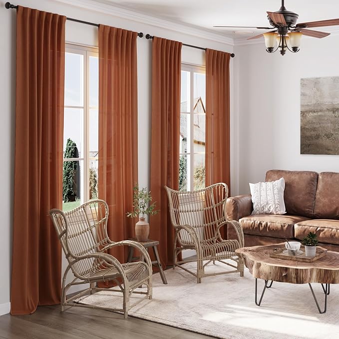 Terracotta Linen Blend Drapes 84 Inch Length 2 Panels Set Back Tab Rod Pocket Light Filtering Semi Sheer Textured Brick Burnt Orange Curtains Boho Farmhouse Decor Curtains for Living Room 40x84